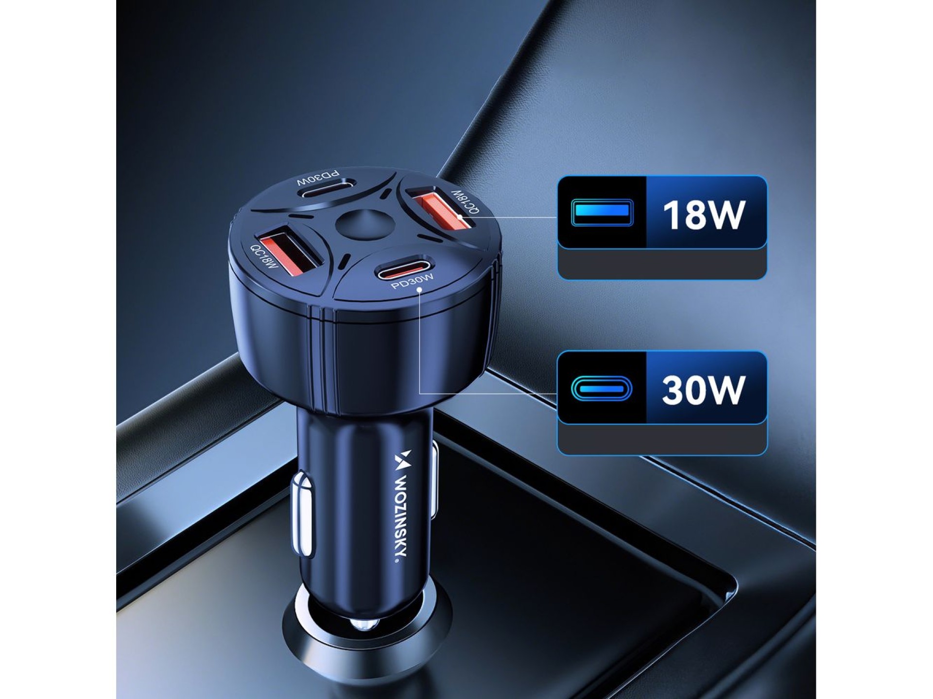 Cargador de coche Wozinsky WLS-04 de 60 W, 2 puertos USB-C y 2 puertos USB-A - Negro