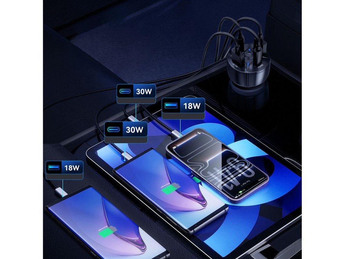 Cargador de coche Wozinsky WLS-04 de 60 W, 2 puertos USB-C y 2 puertos USB-A - Negro