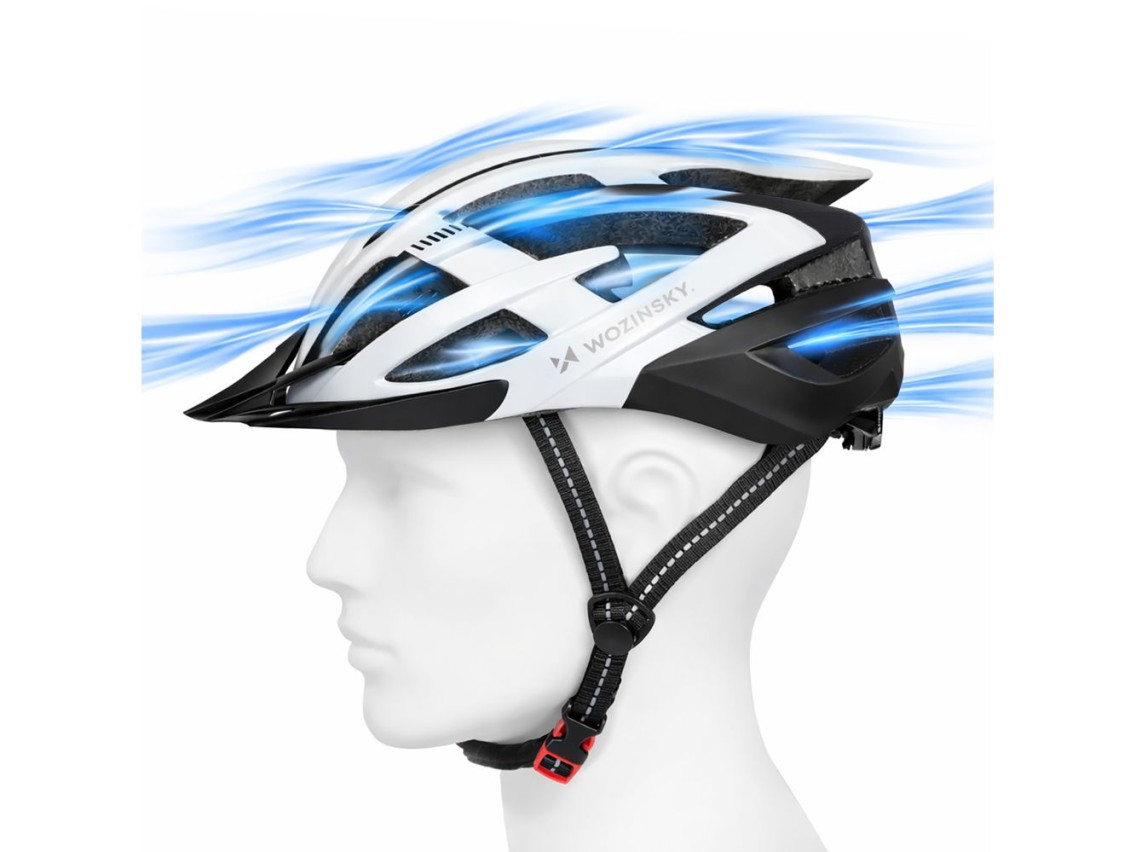 Capacete de ciclismo MTB Wozinsky com viseira remov�vel e luz traseira USB, tamanho G - Preto e Bran