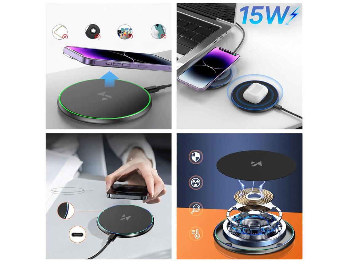 Wozinsky WLI-01Y 15W Qi Inductive Charger with USB-C Cable - Black