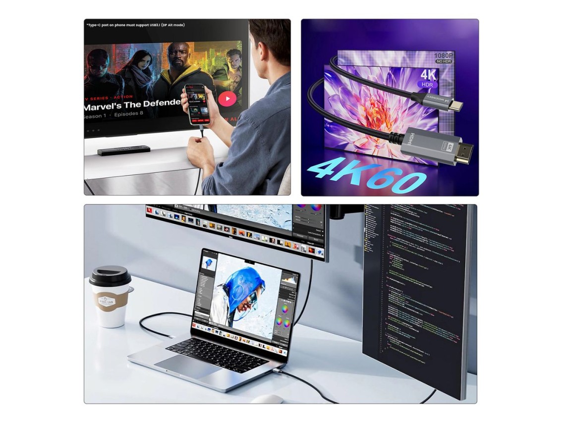 Cabo Wozinsky WCCH-01 USB-C para HDMI 4K 60Hz de 1,8 m - Preto