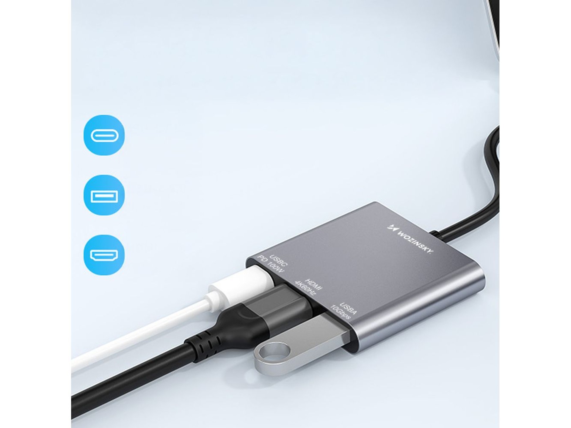 Hub Wozinsky WHCH-01 USB-C PD 100W HDMI 4K@30Hz USB-A 10Gbps - gray