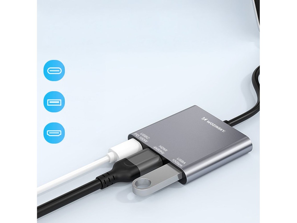 Hub Wozinsky WHCH-01 USB-C PD 100W HDMI 4K@30Hz USB-A 10Gbps - gray