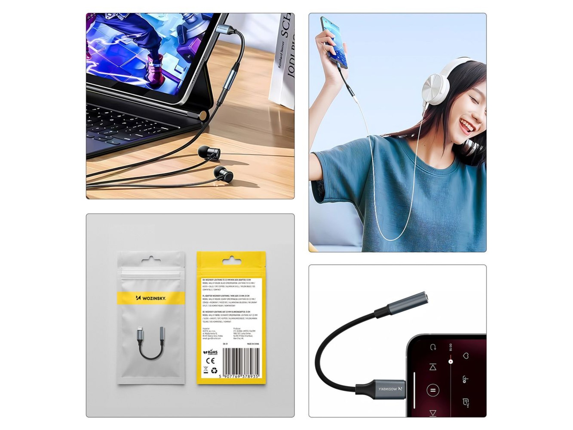 Adaptador Lightning Wozinsky WALJ-01 - mini jack de 3,5 mm - preto