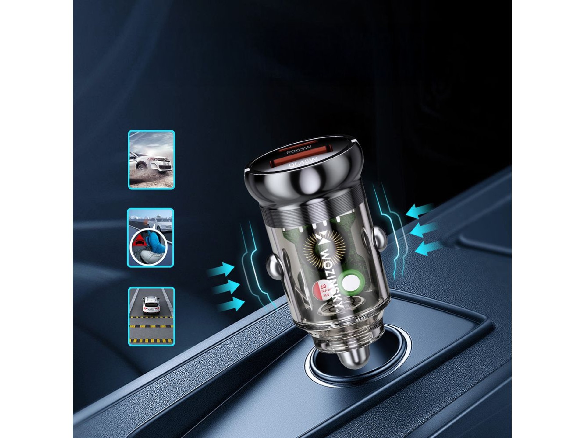 Wozinsky 65W Car Charger USB-C PD 65W / USB-A 45W QC 3.0 - Black