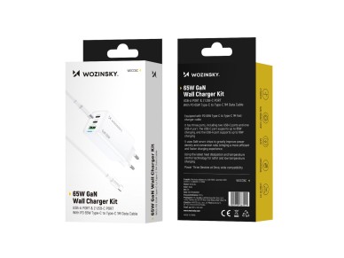 Wozinsky GaN 65W Charger with USB-A 2xUSB-C Ports with 65W USB-C Cable - White Wozinsky GaN 65W Charger with USB-A 2xUSB-C Ports with 65W USB-C Cable - White