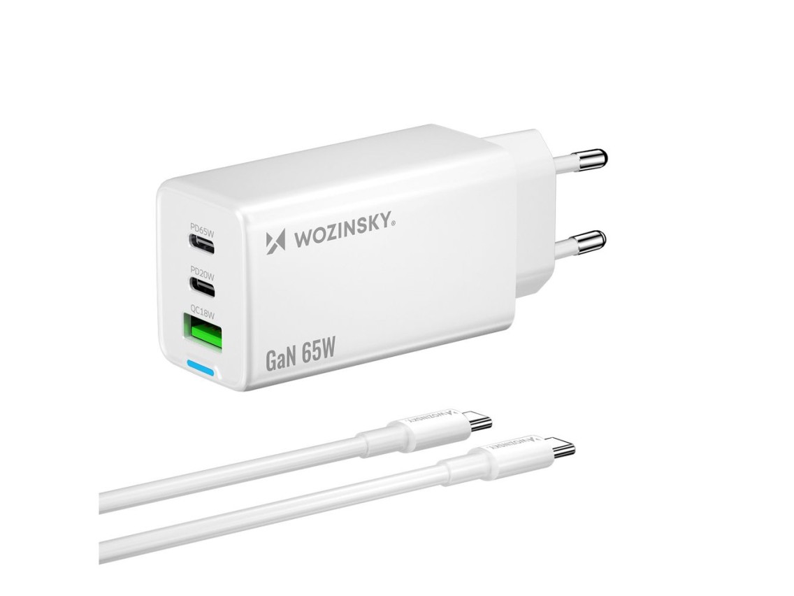 Carregador Wozinsky GaN de 65 W com portas USB-A e 2 portas USB-C, com cabo USB-C de 65 W - Branco