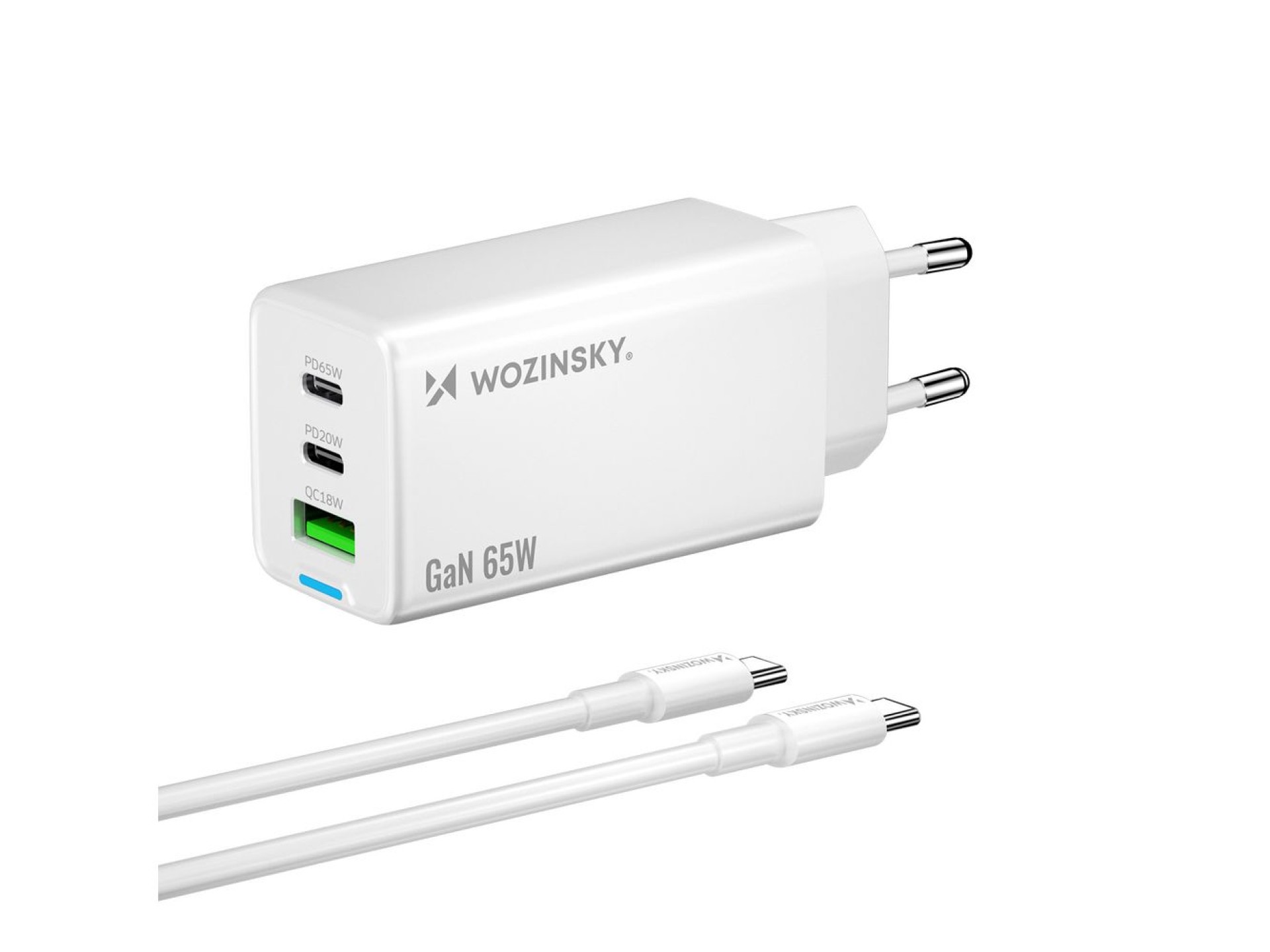 Carregador Wozinsky GaN de 65 W com portas USB-A e 2 portas USB-C, com cabo USB-C de 65 W - Branco