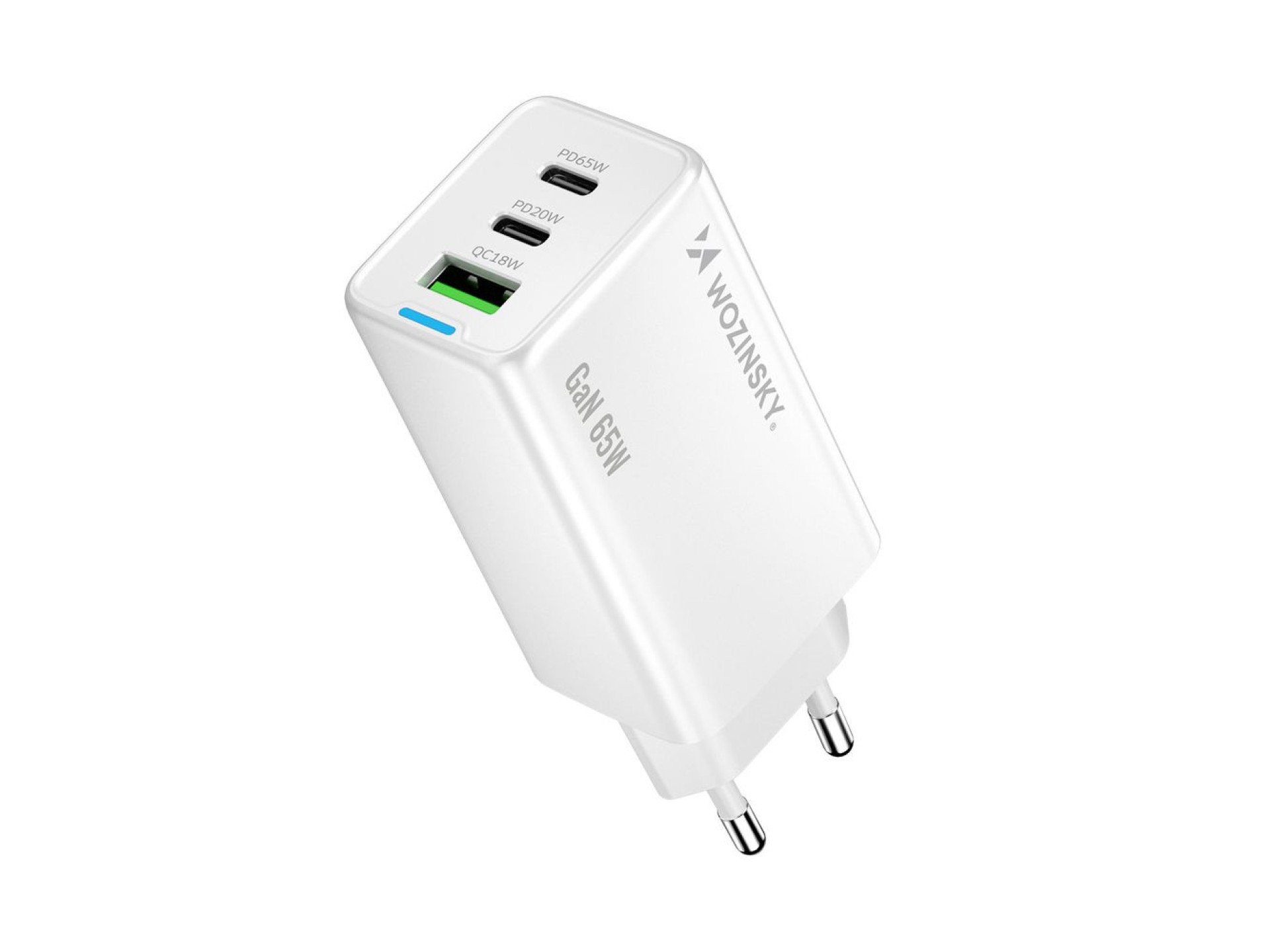 Carregador Wozinsky GaN de 65 W com portas USB-A e 2 portas USB-C, com cabo USB-C de 65 W - Branco