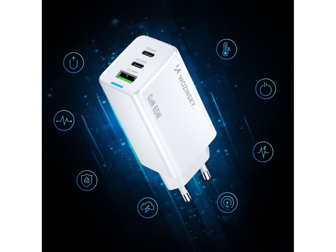 Carregador Wozinsky GaN de 65 W com portas USB-A e 2 portas USB-C, com cabo USB-C de 65 W - Branco