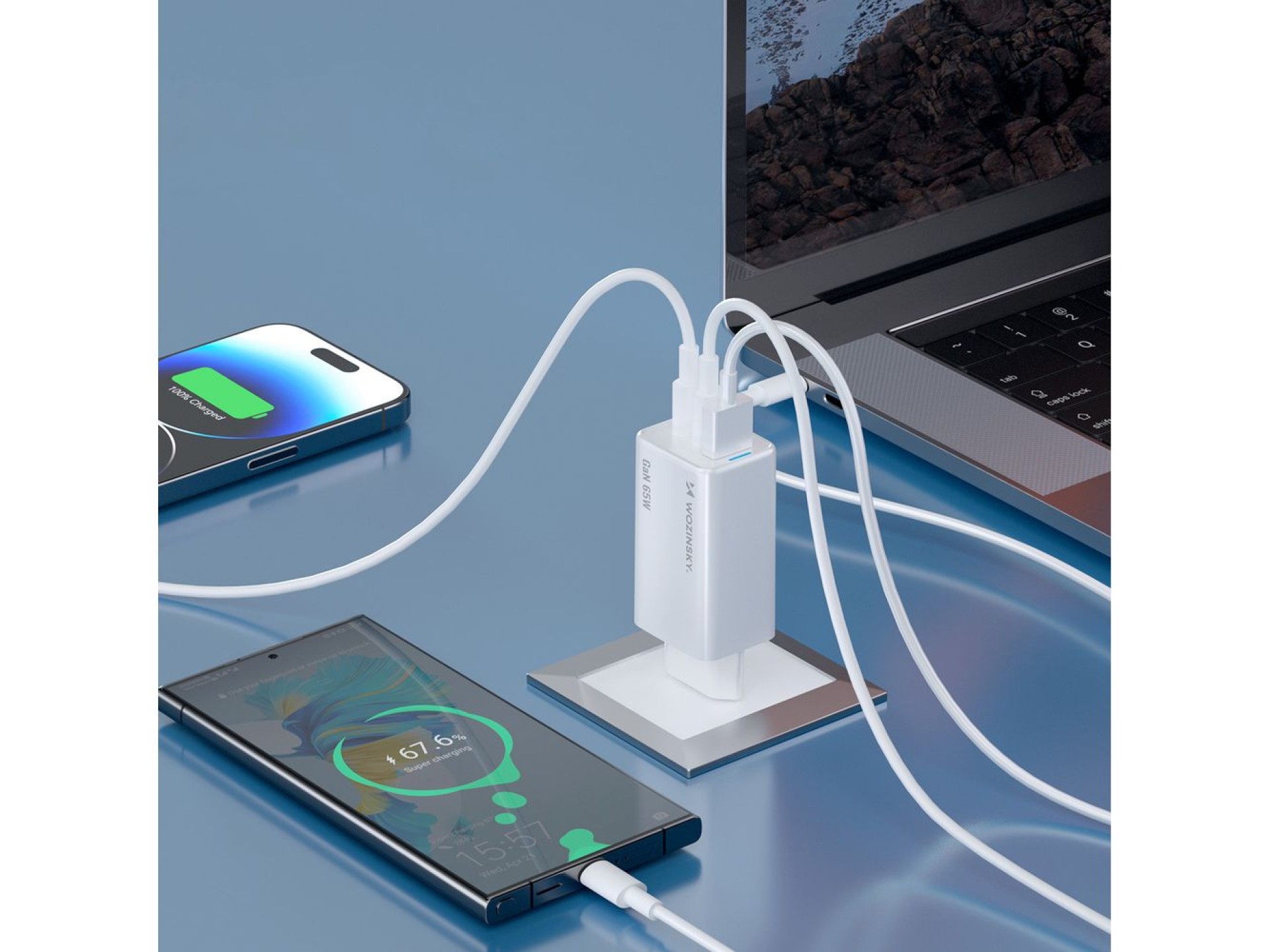 Carregador Wozinsky GaN de 65 W com portas USB-A e 2 portas USB-C, com cabo USB-C de 65 W - Branco
