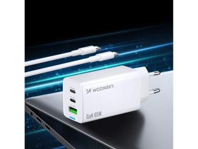 Wozinsky GaN 65W Charger with USB-A 2xUSB-C Ports with 65W USB-C Cable - White Wozinsky GaN 65W Charger with USB-A 2xUSB-C Ports with 65W USB-C Cable - White