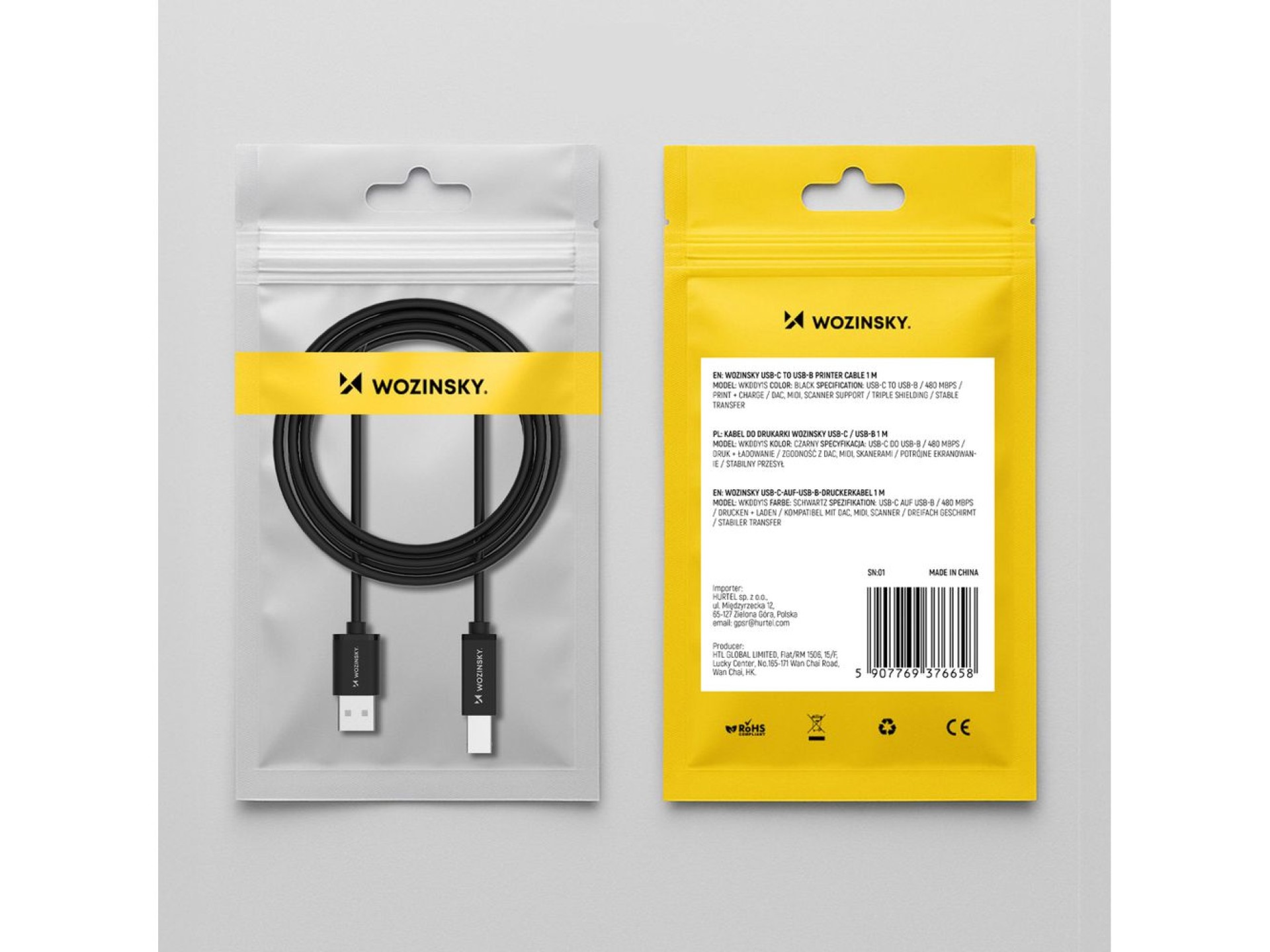 Cabo Wozinsky WKDDY3S USB-B para USB-A 480Mb/s 2m - Preto
