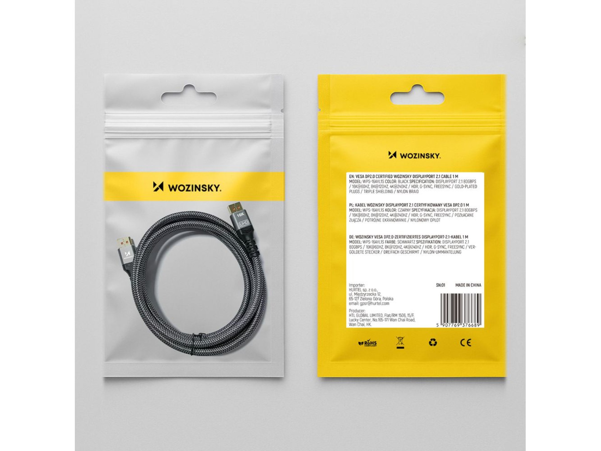 Cable Wozinsky WPS-16AYL2S DisplayPort 2.1 80 Gb/s 16K@60Hz 8K@120Hz 4K@240Hz HDR HDCP DSC - negro