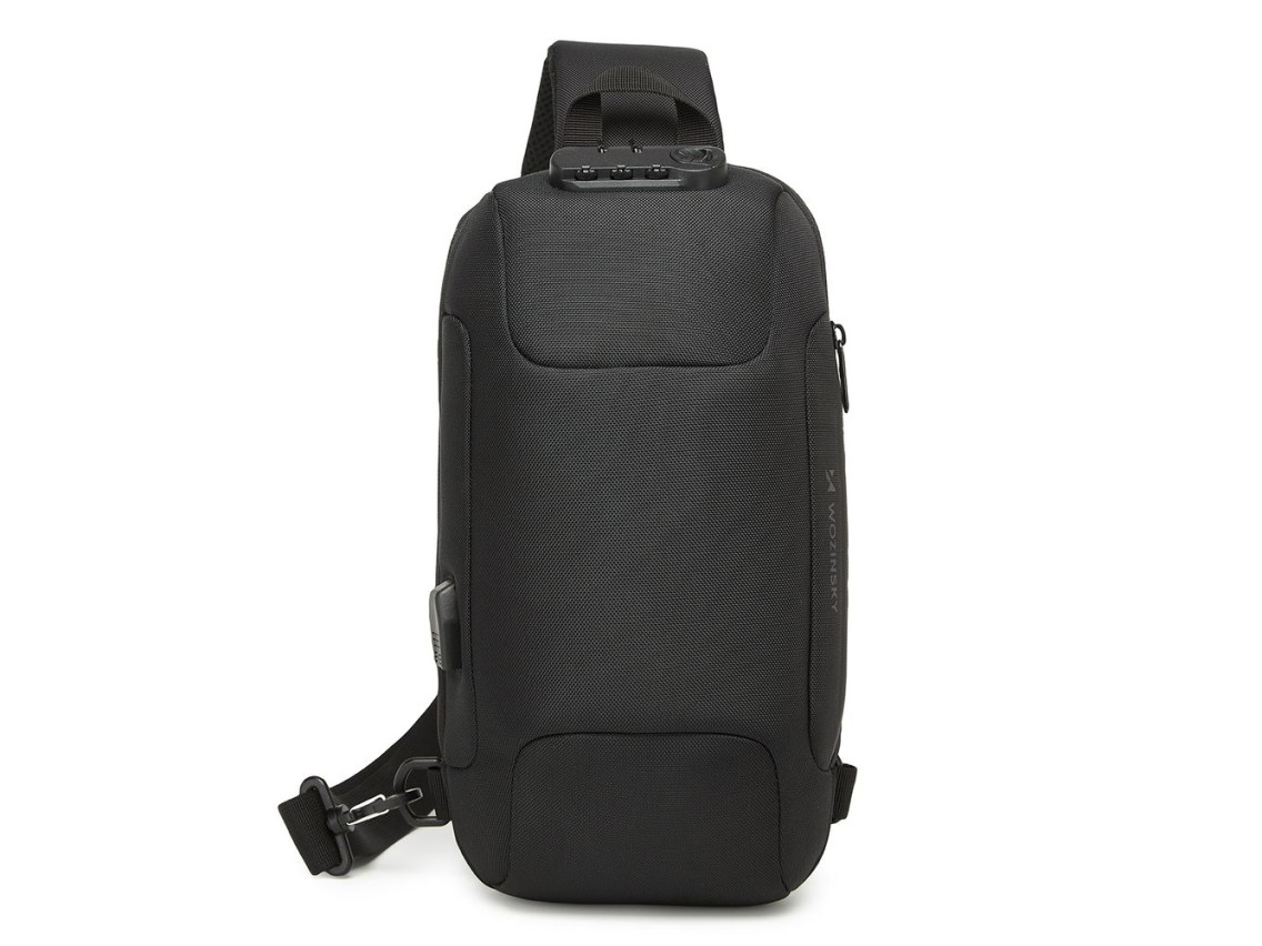 Mochila urbana premium Wozinsky com alça única, sistema antifurto, organizador e entrada USB - Preta