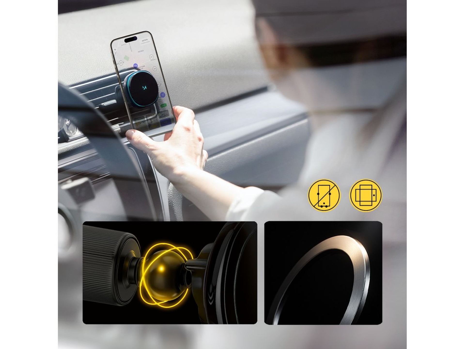 Suporte para carro Wozinsky WCT5-Q6S2Y com carregador indutivo Qi/MagSafe de 15 W para grade de vent