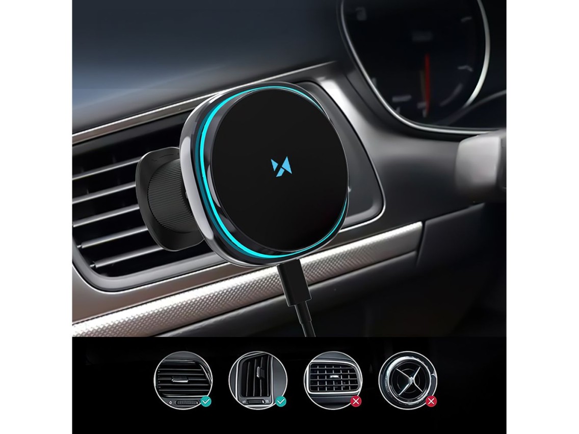 Suporte para carro Wozinsky WCT5-Q6S2Y com carregador indutivo Qi/MagSafe de 15 W para grade de vent