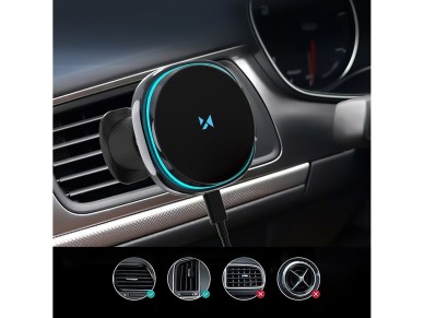 Suporte para carro Wozinsky WCT5-Q6S2Y com carregador indutivo Qi/MagSafe de 15 W para grade de vent Suporte para carro Wozinsky WCT5-Q6S2Y com carregador indutivo Qi/MagSafe de 15 W para grade de vent