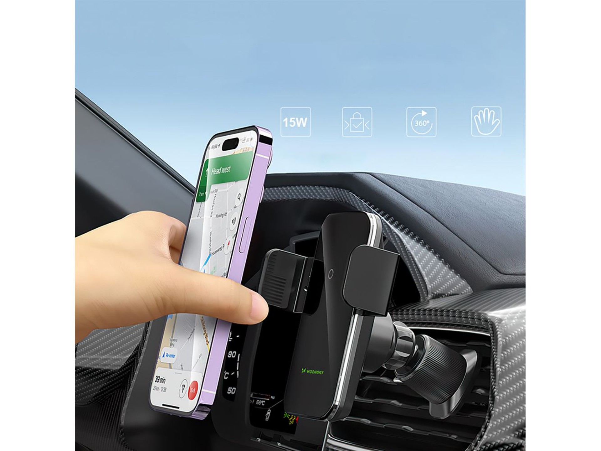 Wozinsky WEDZ-3Y8S clamp car holder with 15W inductive charger for phone on the air vent - black
