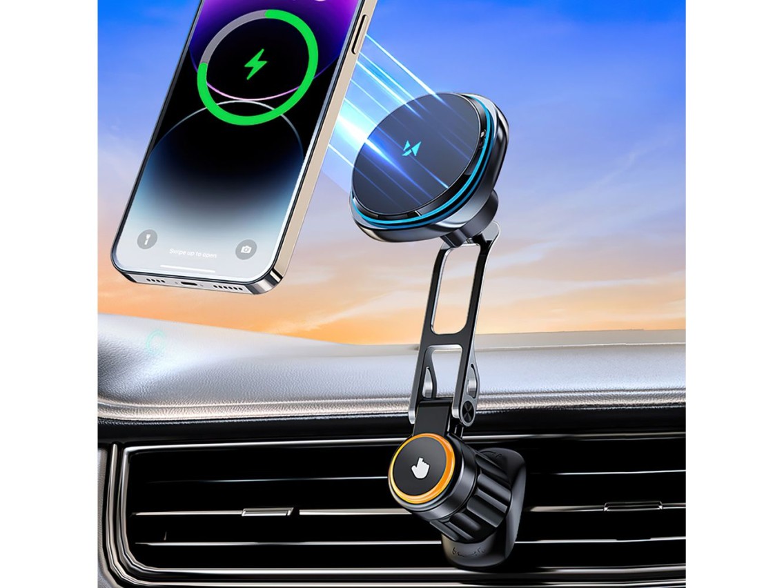 Wozinsky WCT5-6S2Y Car Holder with Qi/MagSafe 15W Wireless Charger and Air Vent Fan - Black