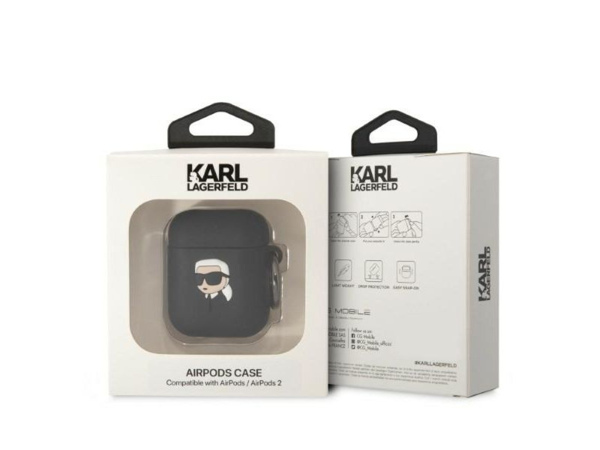Capa para AirPods 1/2 Karl Lagerfeld KLA2RUNIKK preta/preta em silicone com a cabeça de Karl em 3D