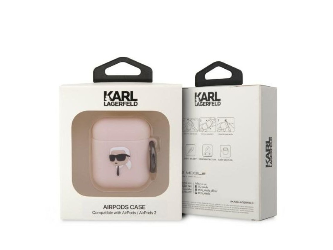 Capa para AirPods 1/2 Karl Lagerfeld KLA2RUNIKP rosa/rosa em silicone com a cabeça de Karl em 3D