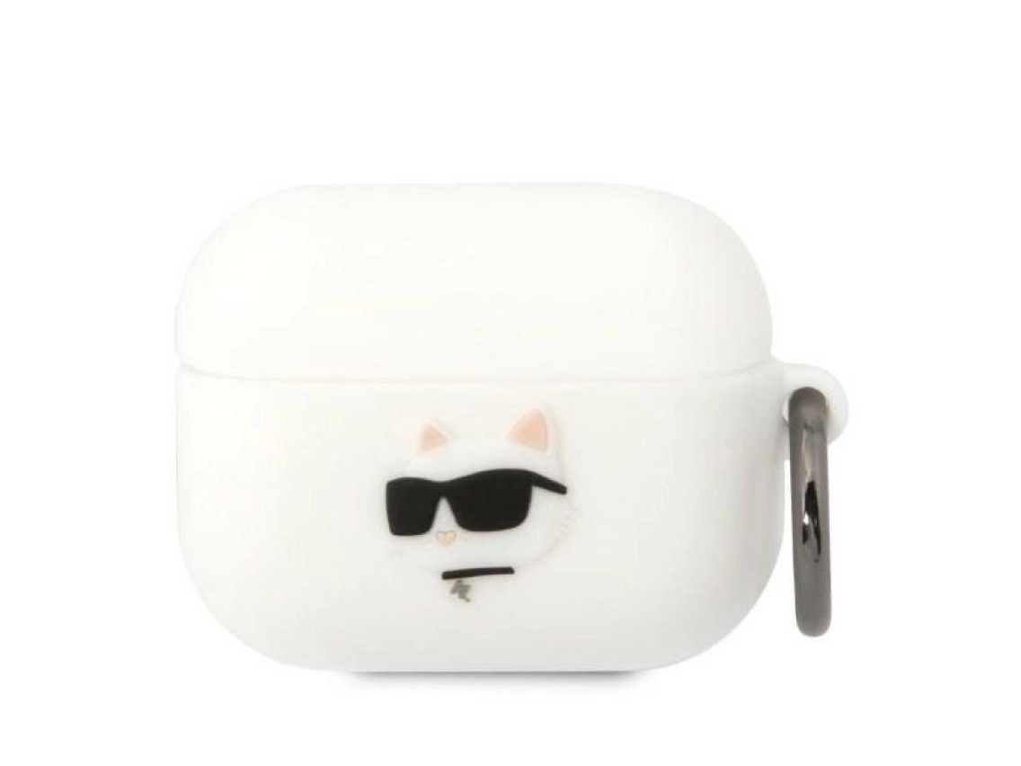 Capa para AirPods Pro Karl Lagerfeld KLAPRUNCHH branca/branca em silicone com a cabeça da Choupette