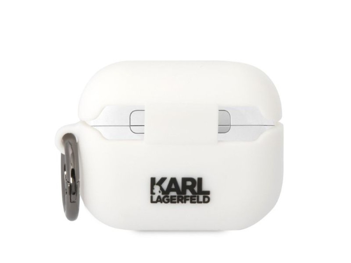 Capa para AirPods Pro Karl Lagerfeld KLAPRUNCHH branca/branca em silicone com a cabeça da Choupette