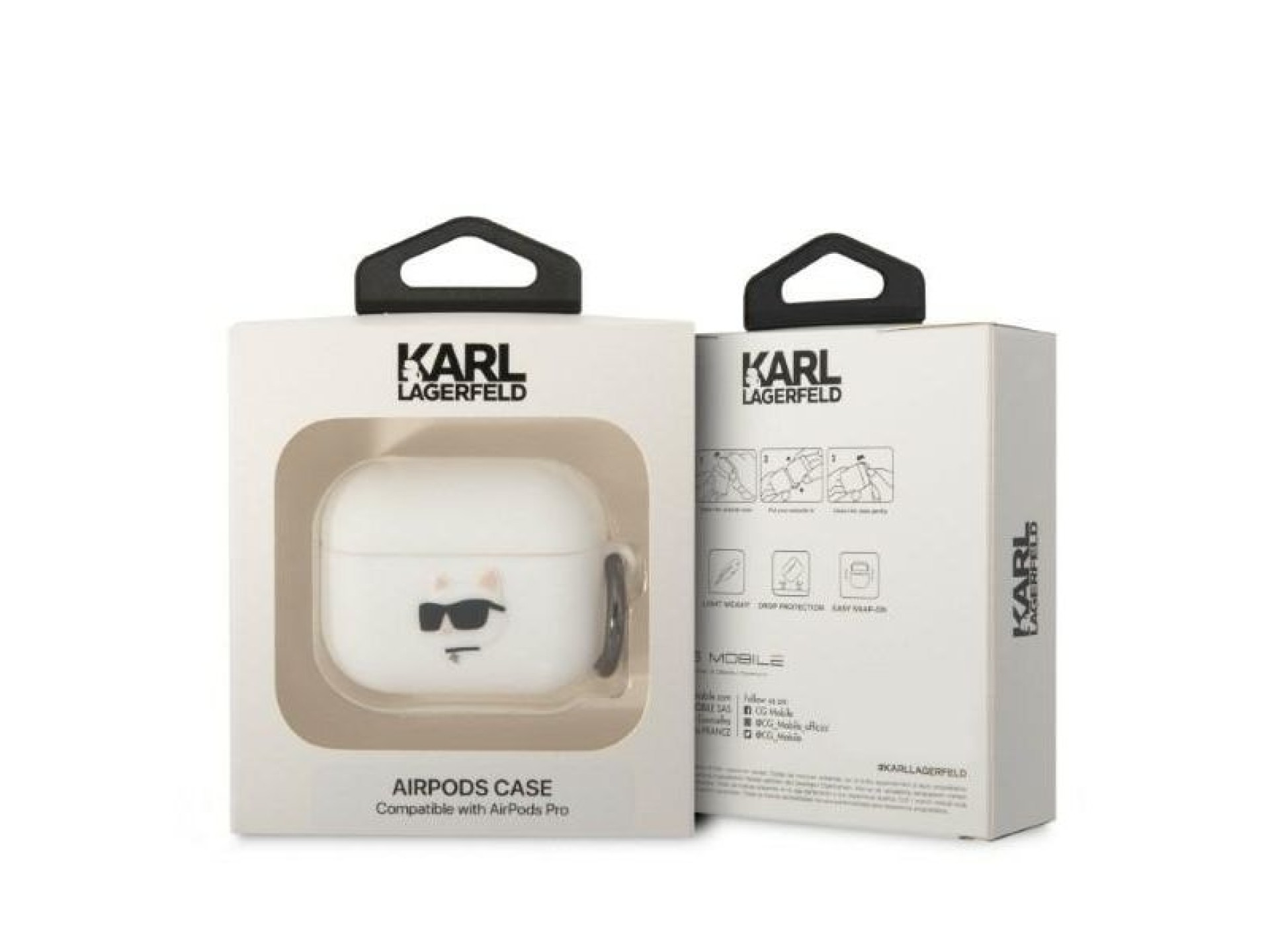 Capa para AirPods Pro Karl Lagerfeld KLAPRUNCHH branca/branca em silicone com a cabeça da Choupette