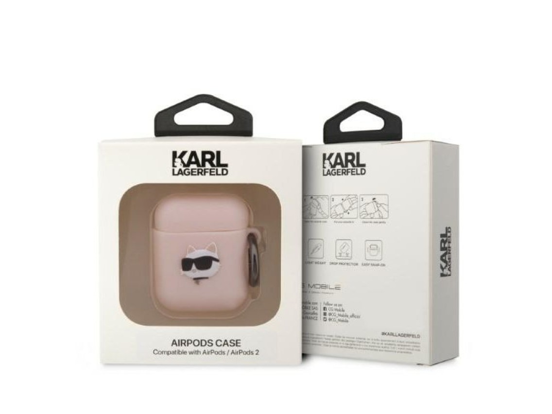 Capa para AirPods 1/2 Karl Lagerfeld KLA2RUNCHP rosa/rosa em silicone com a cabeça Choupette em 3D