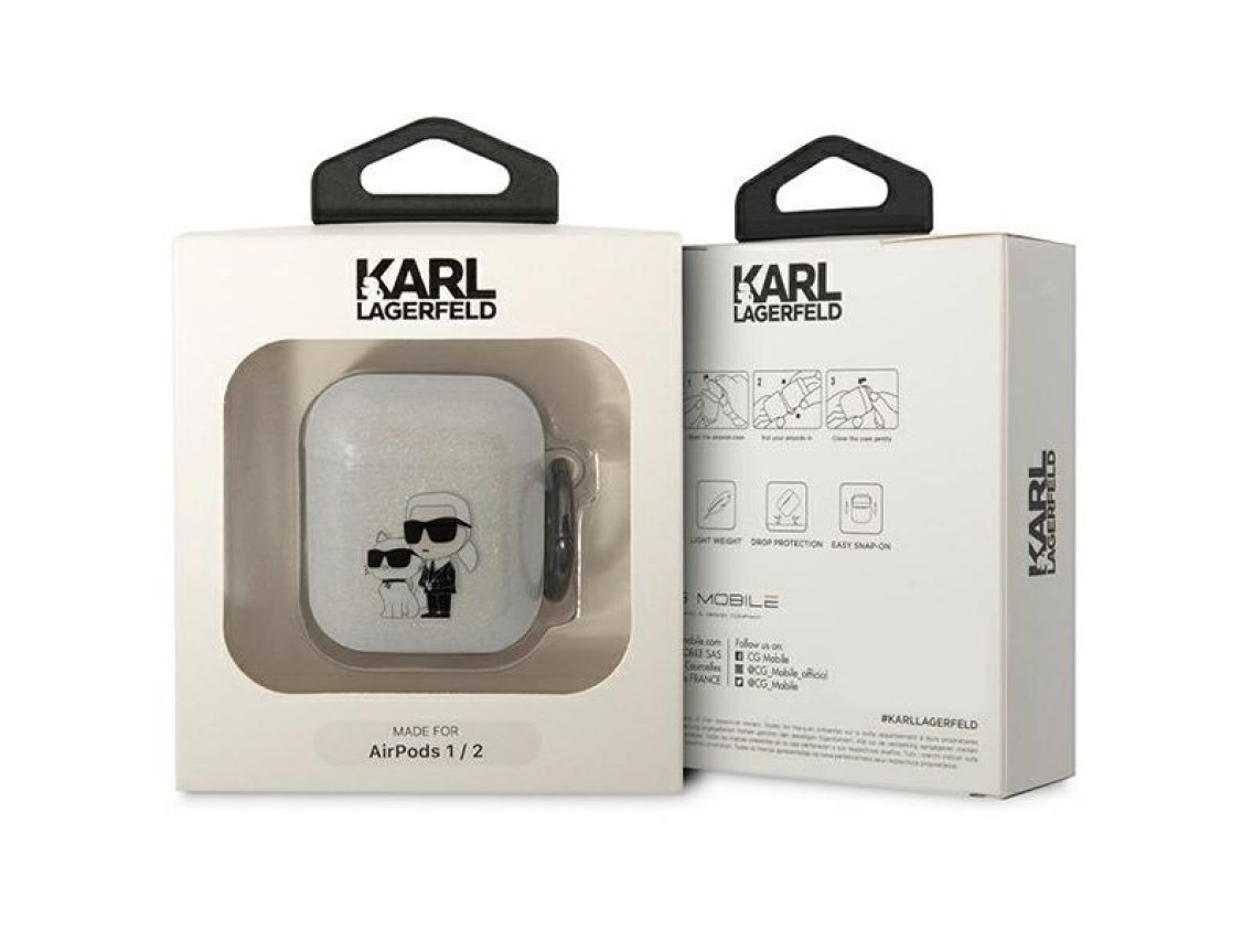 Karl Lagerfeld KLA2HNKCTGT Capa transparente para AirPods 1/2 com glitter Karl&Choupette