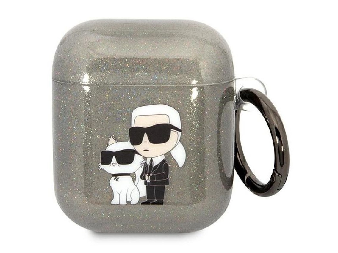 Karl Lagerfeld KLA2HNKCTGK Capa para AirPods 1/2 preta/preta com glitter Karl&Choupette