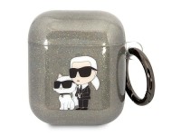 Karl Lagerfeld KLA2HNKCTGK Capa para AirPods 1/2 preta/preta com glitter Karl&Choupette