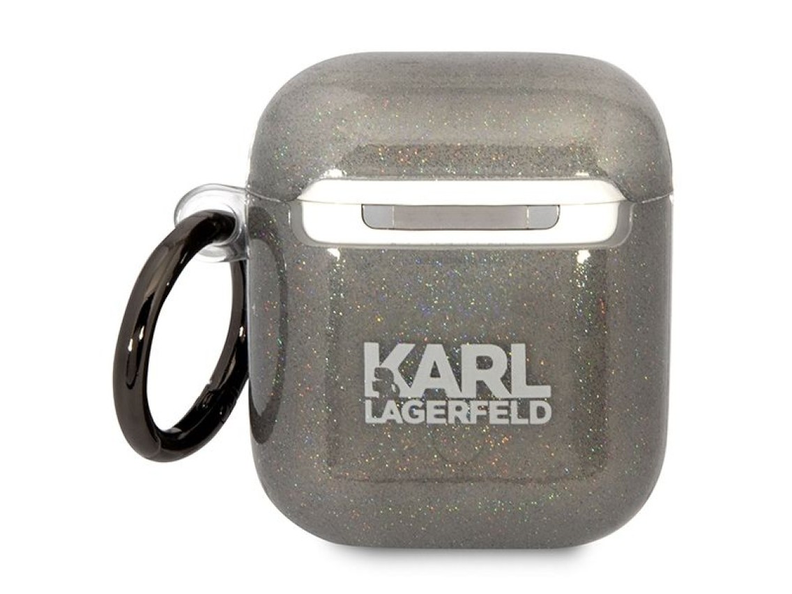 Karl Lagerfeld KLA2HNKCTGK Capa para AirPods 1/2 preta/preta com glitter Karl&Choupette