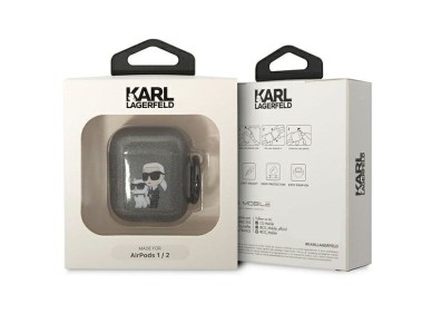 Karl Lagerfeld KLA2HNKCTGK Capa para AirPods 1/2 preta/preta com glitter Karl&Choupette