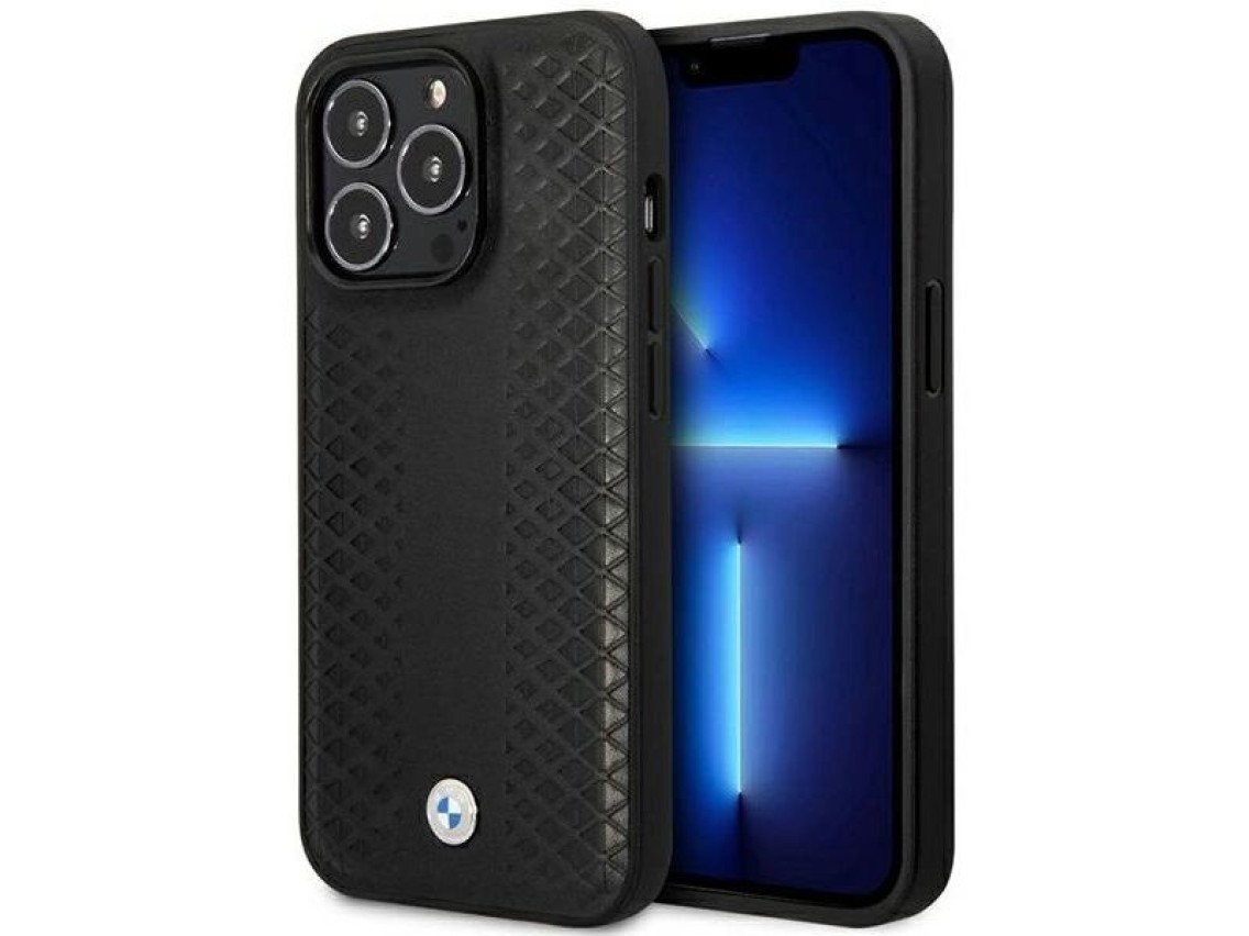 Capa BMW BMHMP14L22RFGK para iPhone 14 Pro 6.1" em couro preto com padrão de diamante e MagSafe.