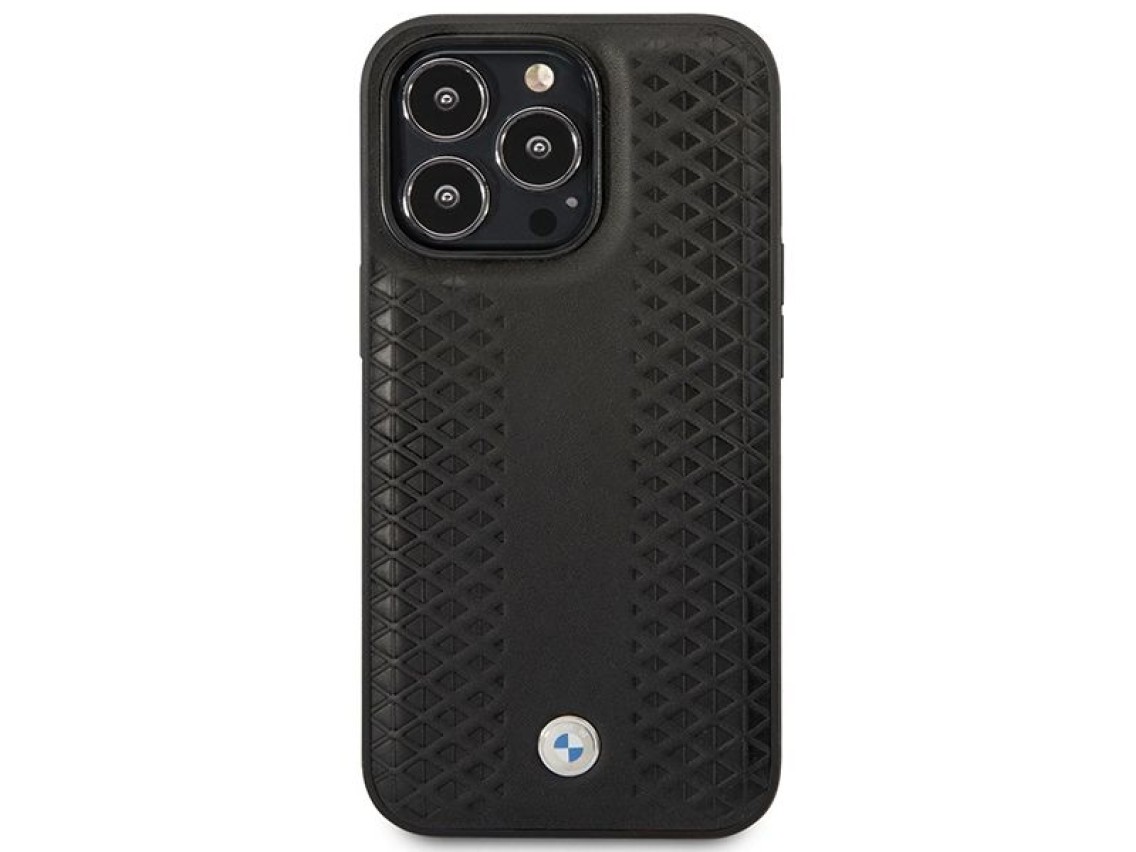 Capa BMW BMHMP14L22RFGK para iPhone 14 Pro 6.1" em couro preto com padrão de diamante e MagSafe.