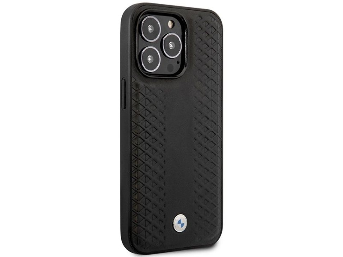 Capa BMW BMHMP14L22RFGK para iPhone 14 Pro 6.1" em couro preto com padrão de diamante e MagSafe.