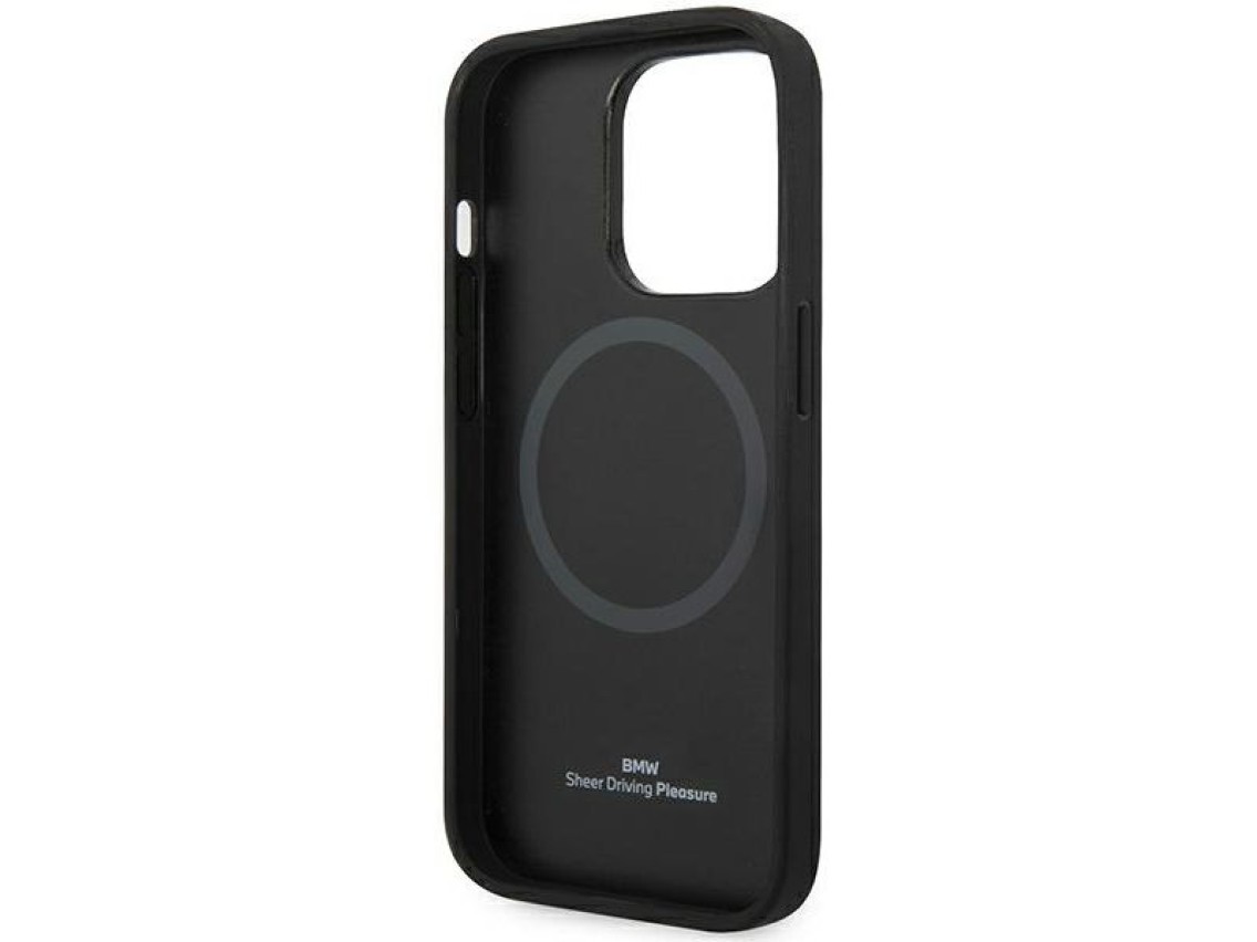 Capa BMW BMHMP14L22RFGK para iPhone 14 Pro 6.1" em couro preto com padrão de diamante e MagSafe.