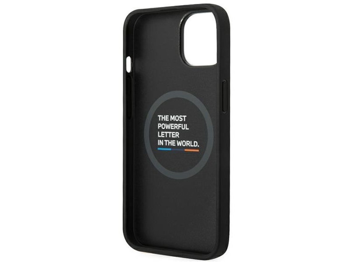 Capa BMW BMHMP14M22PTDK para iPhone 14 Plus 6.7" preta / couro preto com estampa tricolor Magsafe