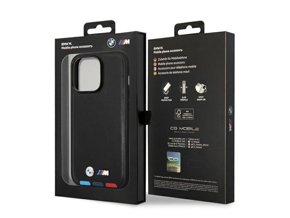Capa BMW BMHMP14L22PTDK para iPhone 14 Pro 6.1" preta / couro preto com estampa tricolor Magsafe