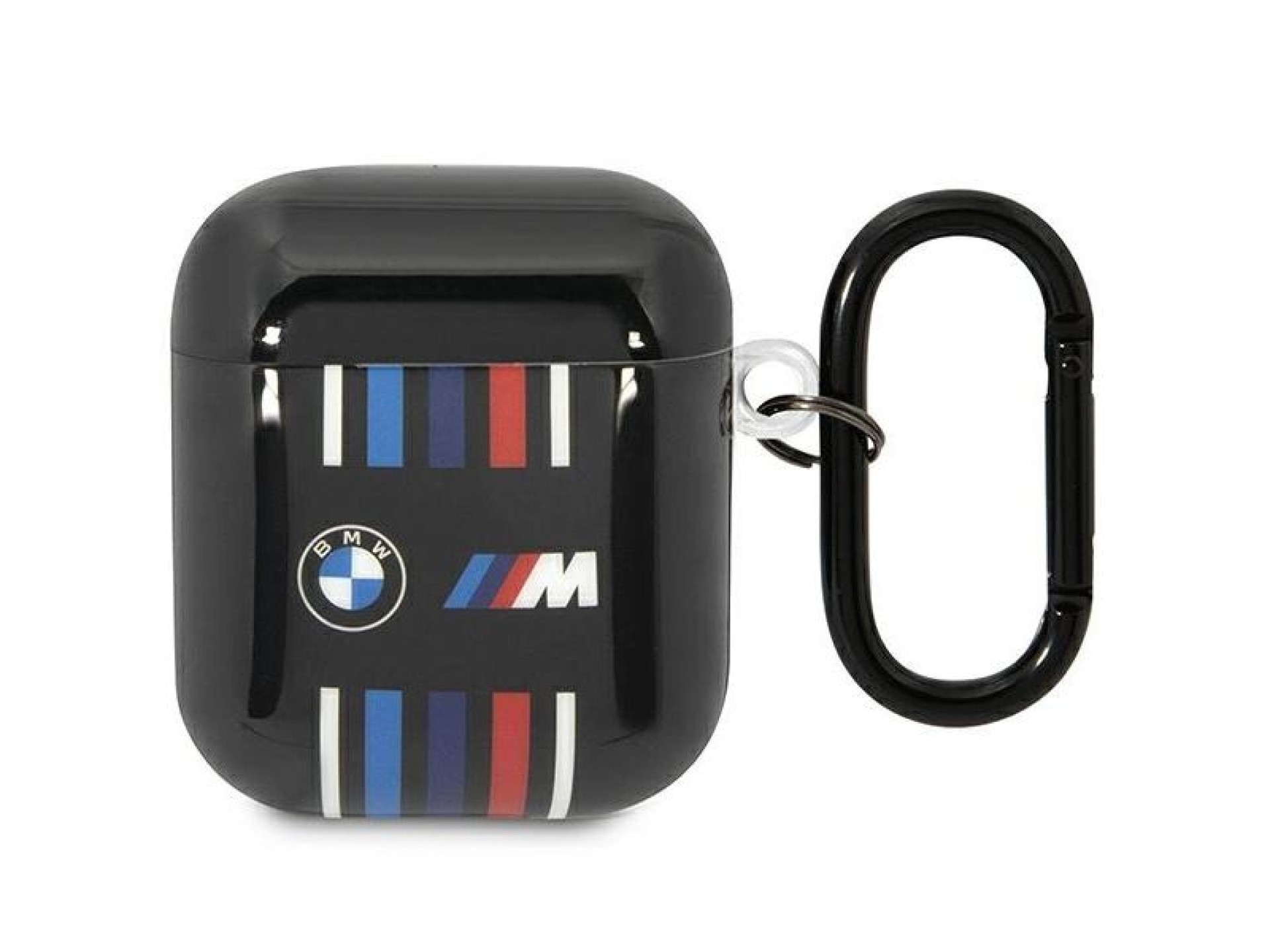 Funda BMW BMA222SWTK para AirPods 1/2, color negro/negro, con líneas multicolores.