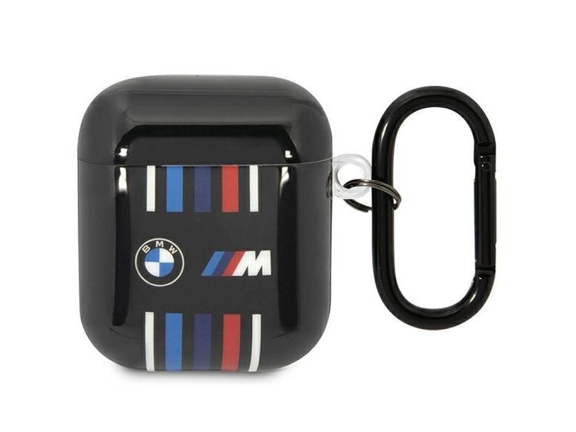 Funda BMW BMA222SWTK para AirPods 1/2, color negro/negro, con líneas multicolores.