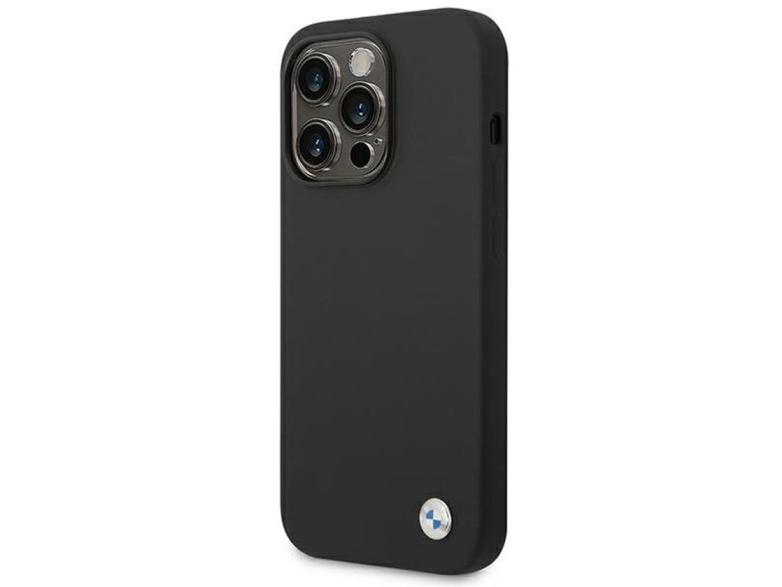 Funda de silicona con logo metálico de BMW para iPhone 14 Pro - Negra