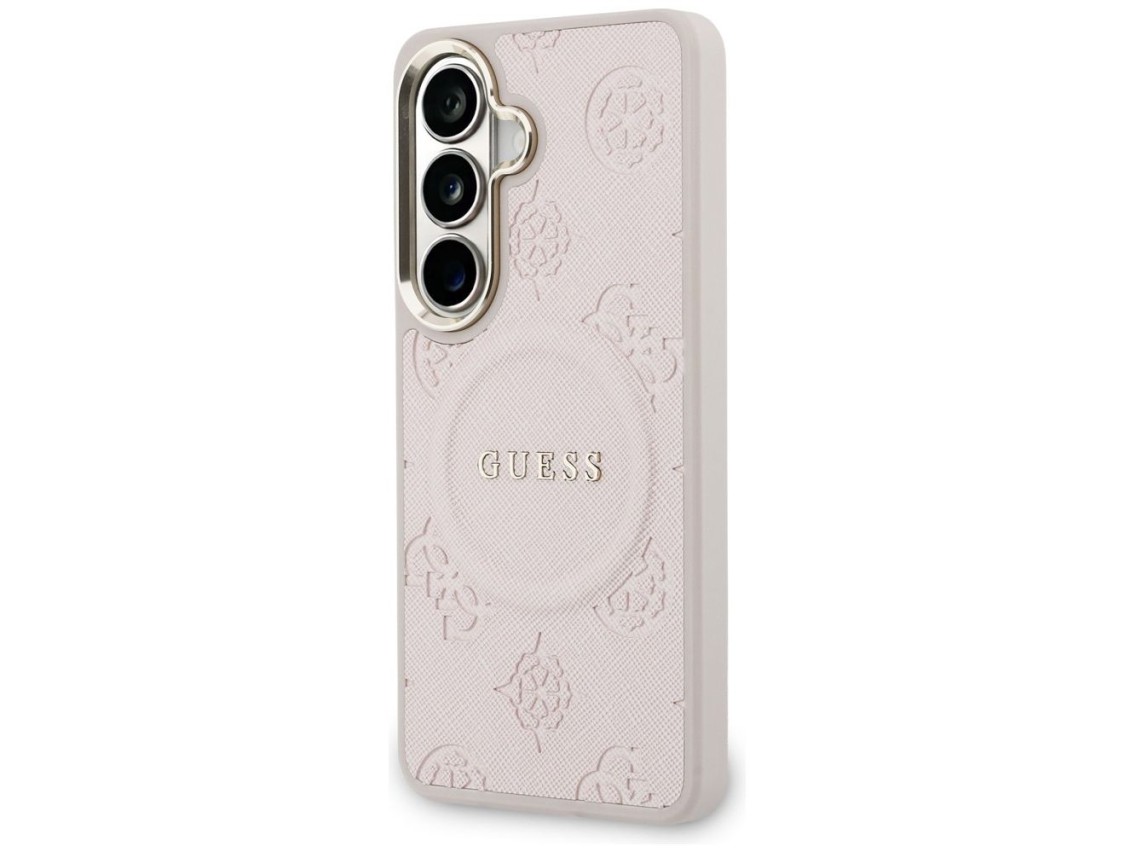 Capa Guess Saffiano Peony com Anel em Relevo e MagSafe para Samsung Galaxy S26 - Rosa
