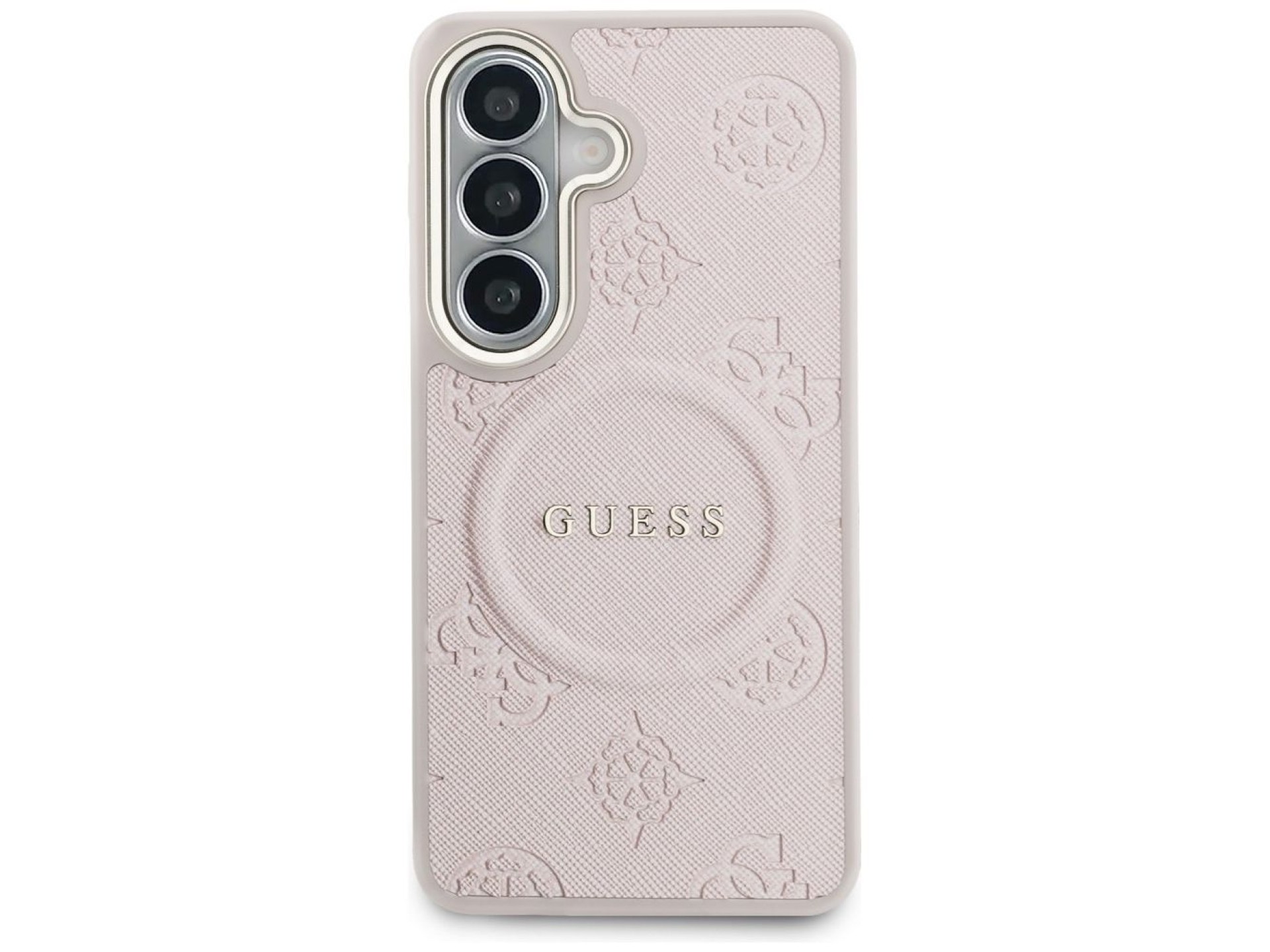 Capa Guess Saffiano Peony com Anel em Relevo e MagSafe para Samsung Galaxy S26 - Rosa