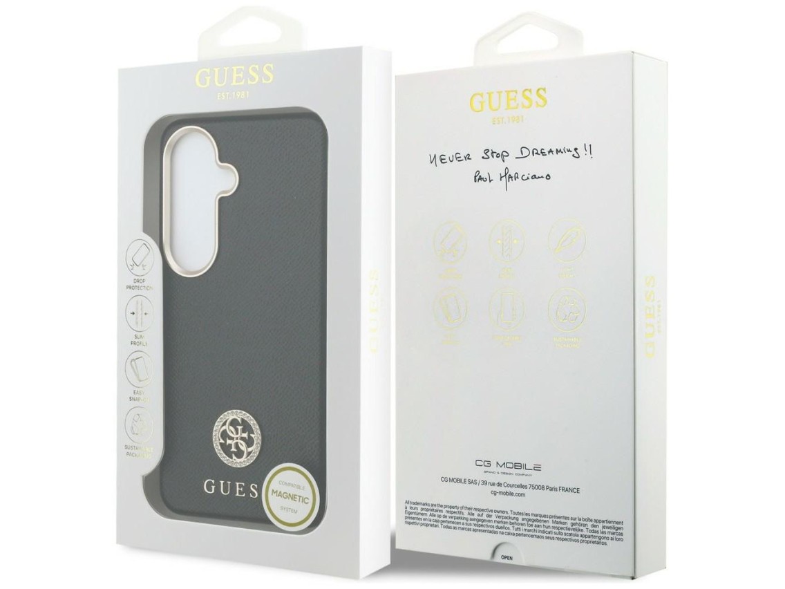 Capa MagSafe com logo redondo cravejado de strass da Guess para Samsung Galaxy S26+ - Preta