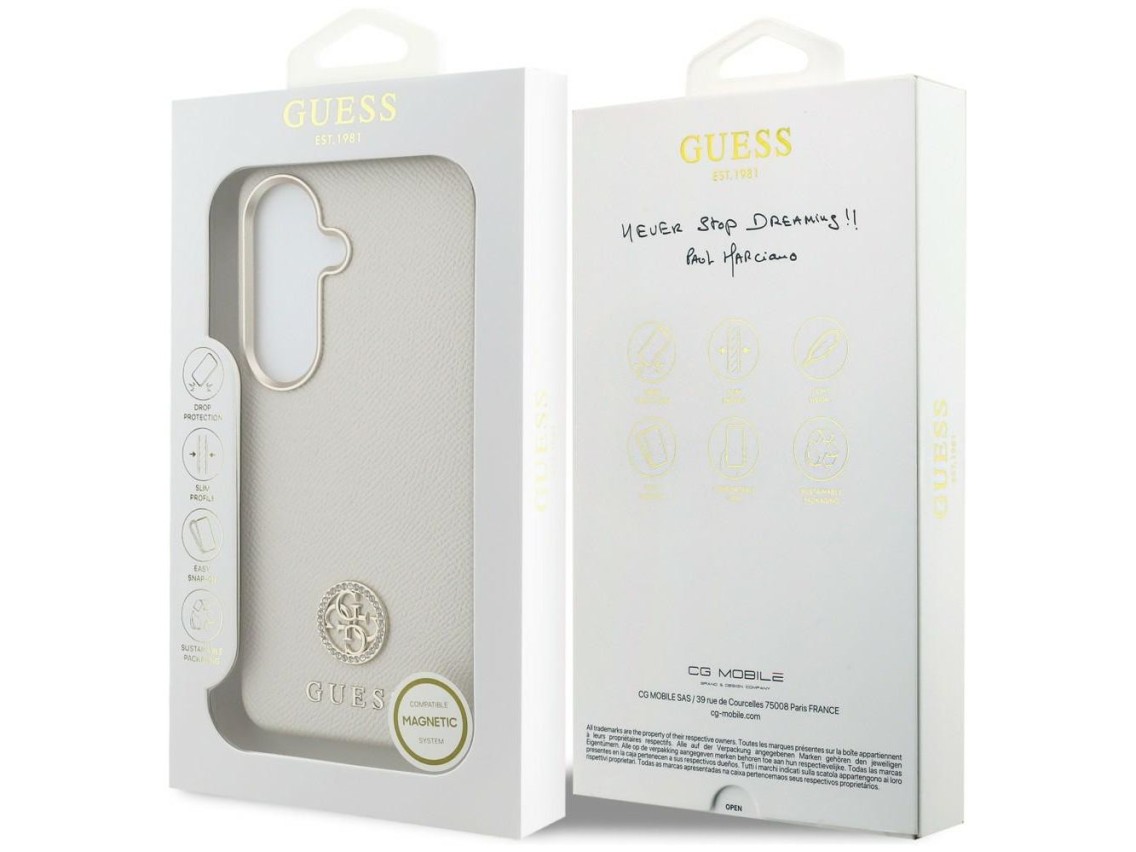 Capa MagSafe Guess com logo redondo em strass para Samsung Galaxy S26 - Bege