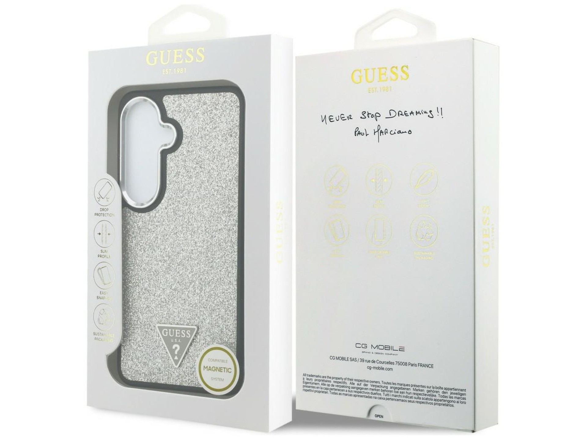 Funda Guess Fixed Glitter Triangle MagSafe para Samsung Galaxy S26+ - plateada
