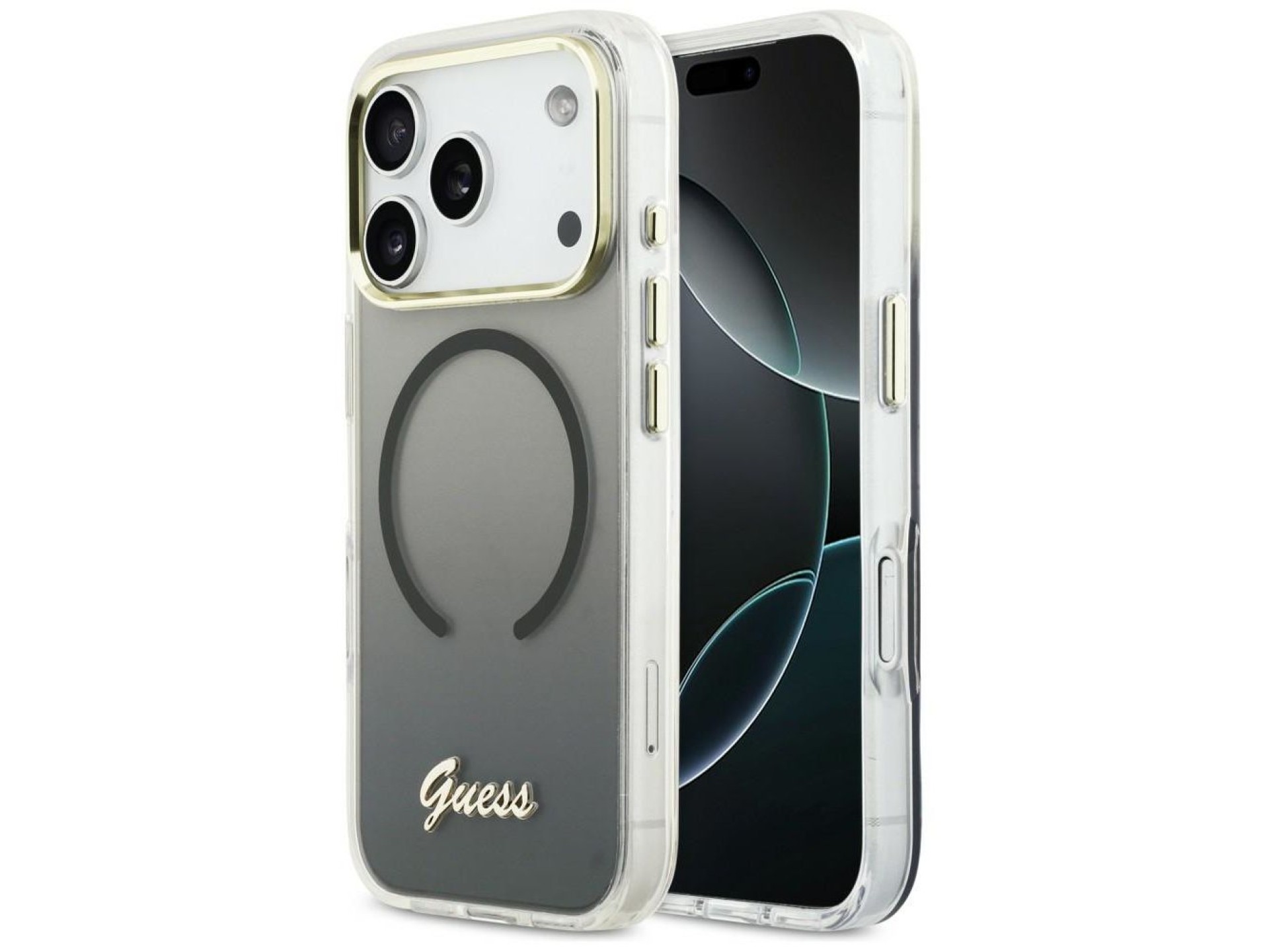 Funda metálica MagSafe Guess IML Gradient Script para iPhone 17 Pro - Negra